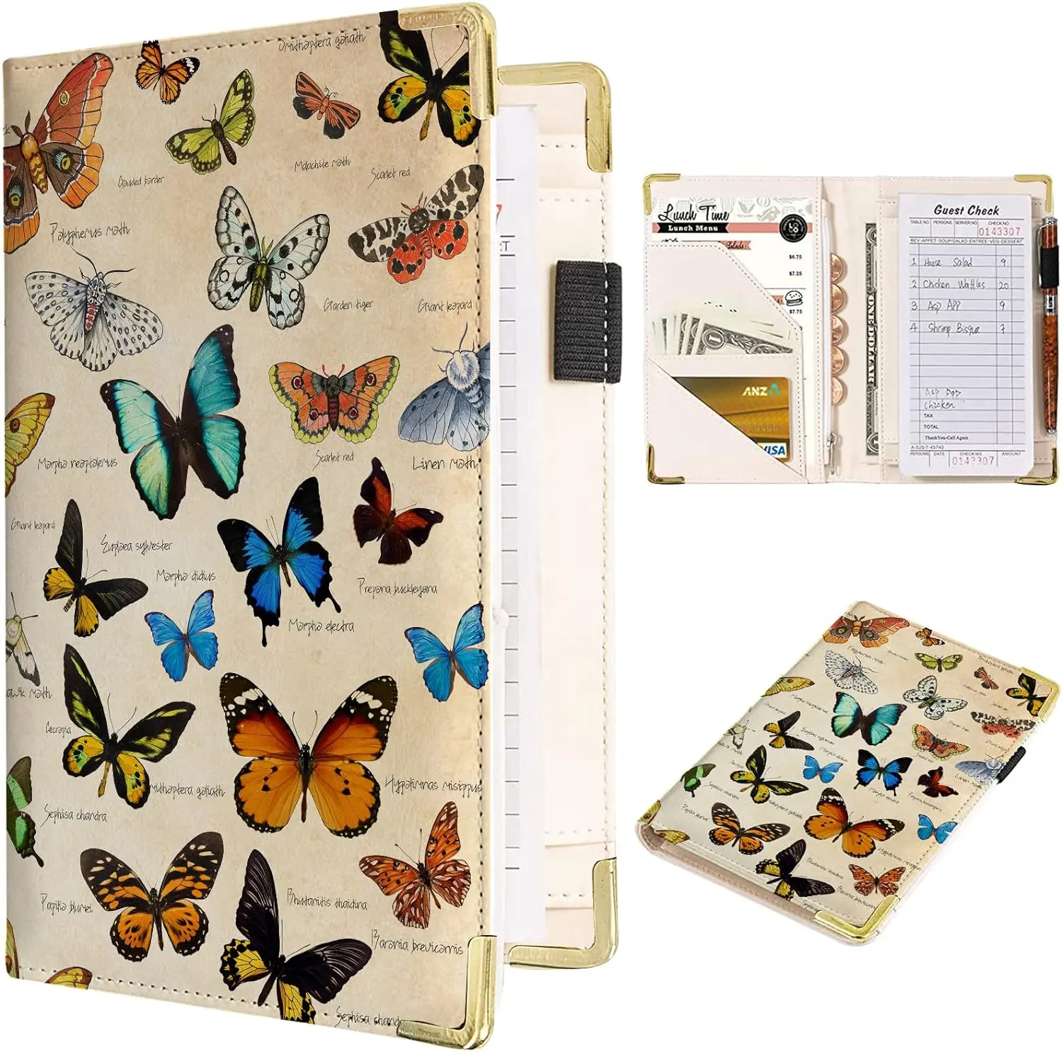 Server Book Waitress Book with Zipper Pockets and Magnetic Pocket, Waiter Wallet Server Booklet Fit Apron
