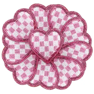10Pcs Pink Sequin Heart Embroidered Applique Iron On Patches Checkerboard Cute DIY Project Accessories for Clothing Jackets