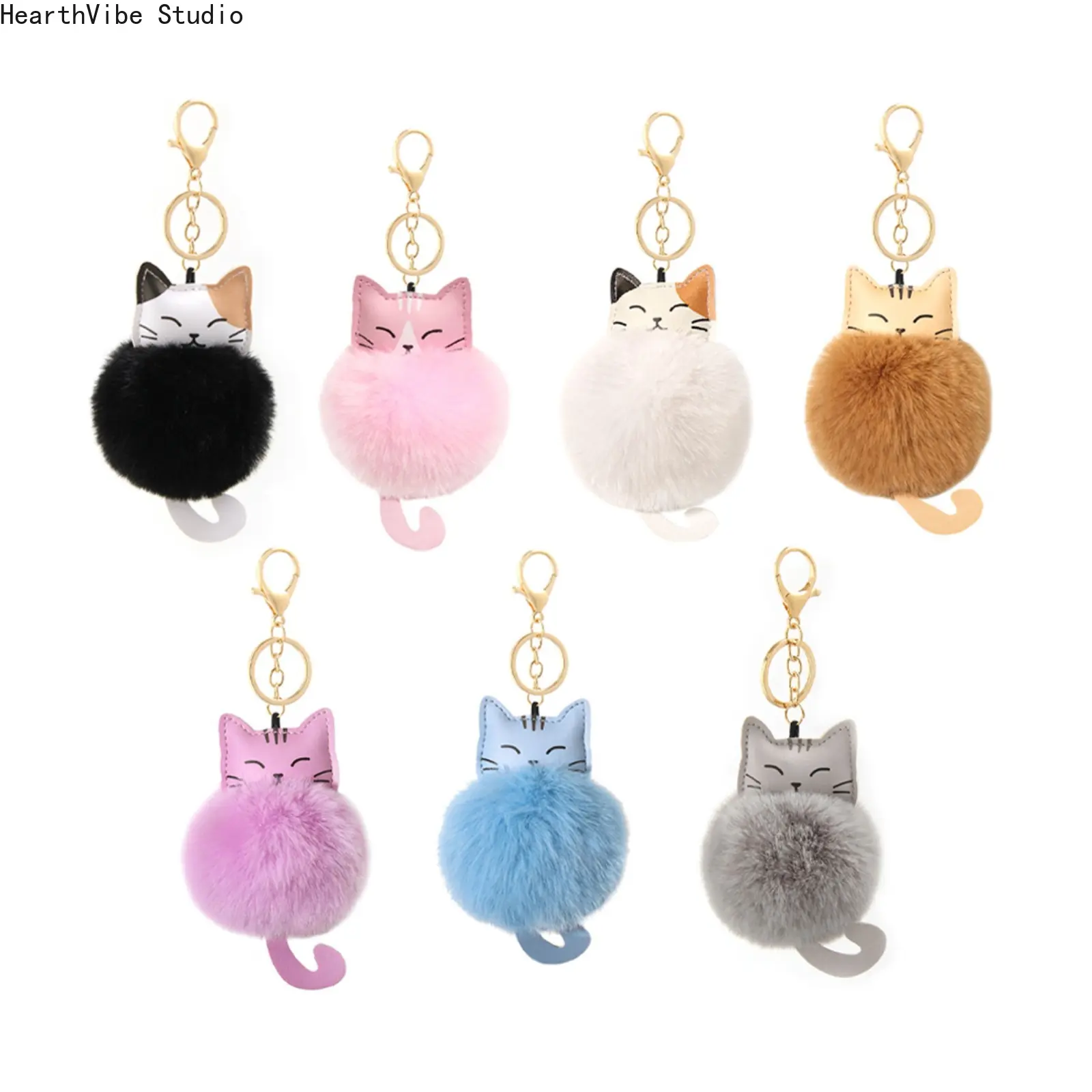 Unisex Casual Fashion Cartoon Characters Lucky Cat Faux Rex Rabbit Fur Pom-Pom Keychain Charm - Miniature Gray, Small Beige Plush Accessory for Women's Bags, Sports & Outdoor Gear