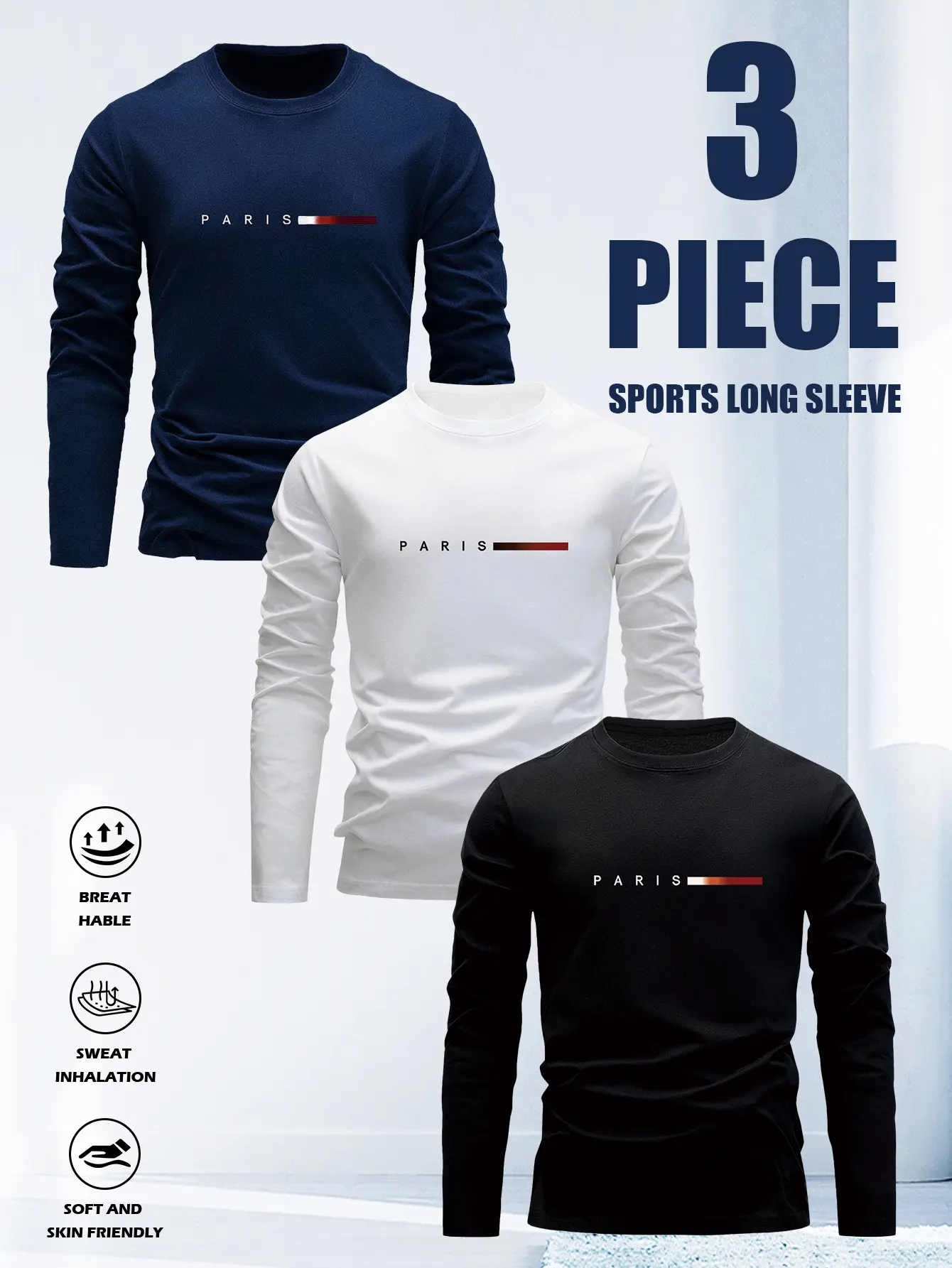 Men's three-piece set with long-sleeved shirt and round-neck casual T-shirt with letter pattern  Suitable for home, dates and outdoor activities