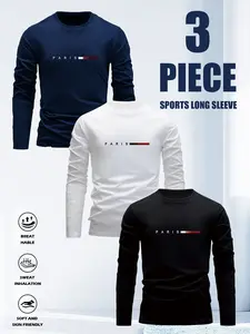 Men's three-piece set with long-sleeved shirt and round-neck casual T-shirt with letter pattern  Suitable for home, dates and outdoor activities