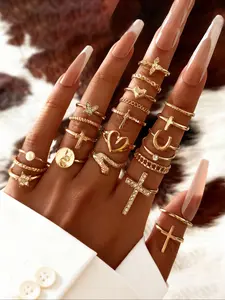 22 Piece Set Simple Fashion Vintage Rhinestone Heart Joint Stackable Rings, Cross Snake Star Ring Set, Perfect for Parties Gifts Daily Wear