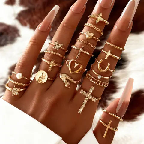 22 Piece Set Simple Fashion Vintage Rhinestone Heart Joint Rings, Cross Snake Star Ring Set, Perfect for Parties Gifts Daily Wear