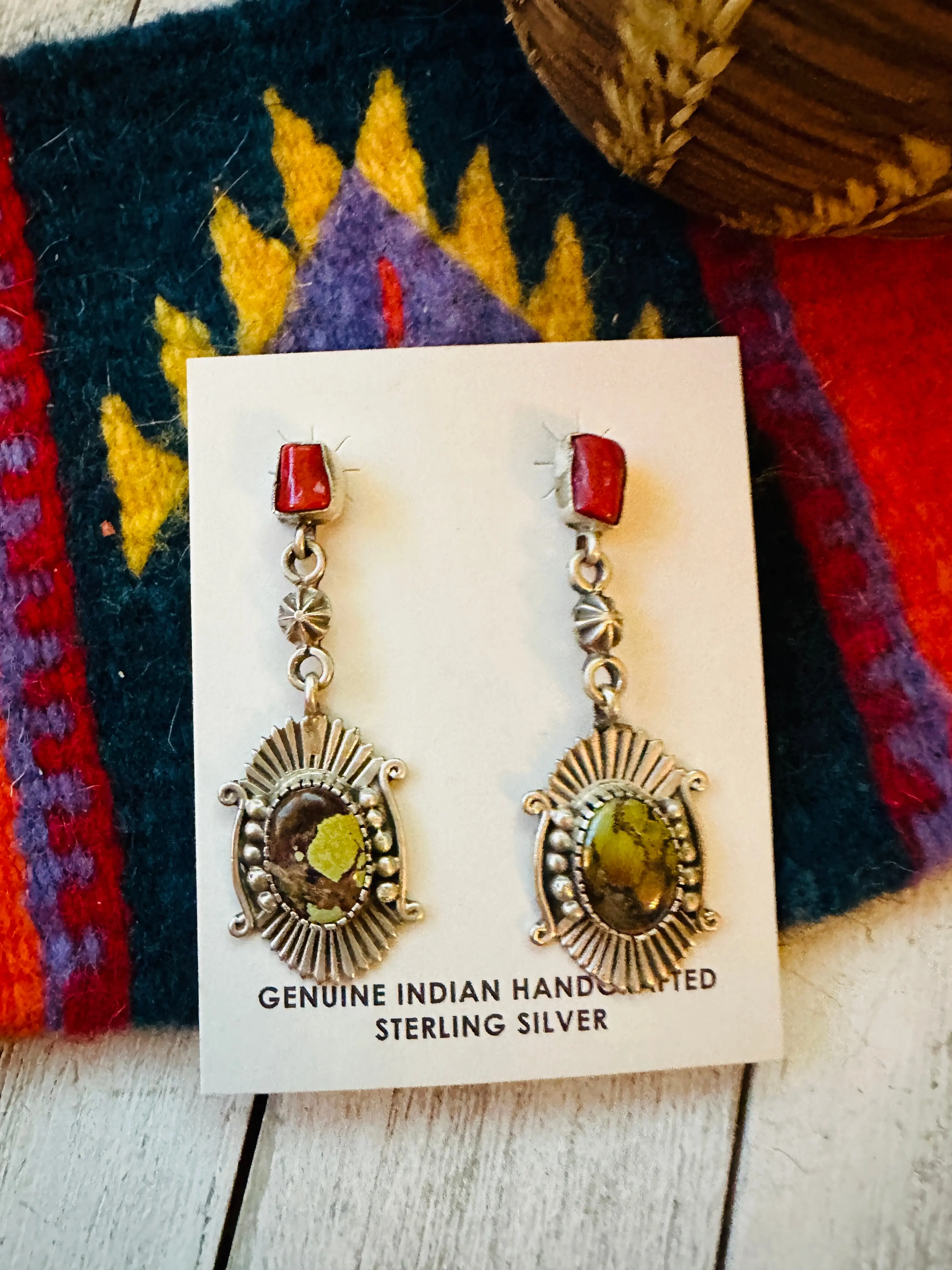 Handcrafted Tibetan Turquoise, Coral & Sterling Silver Dangle Earrings