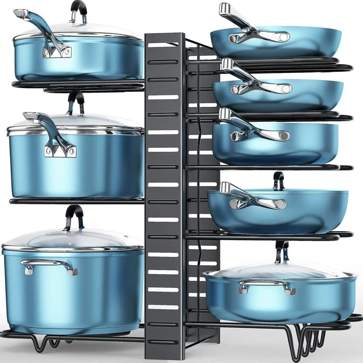Black Upgraded 8-Tier Adjustable Rectangle Pot and Pan Organizer Rack with Rubber Inserts - 3 DIY Methods, Larger Size, Baking Lid Compatible, 20 - 25 Kg Load Capacity, Scratch Resistant Kitchen Shelf for Cabinet or Countertop