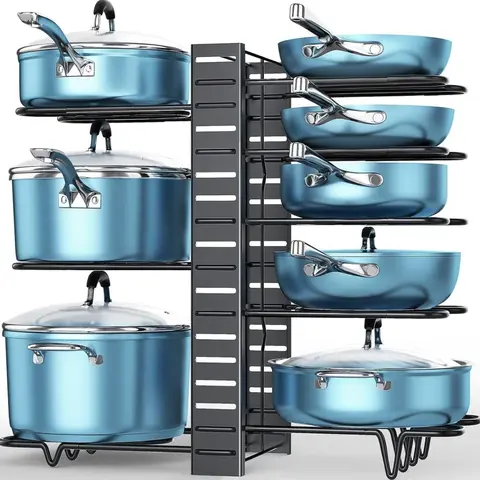 Rectangle Pot and Pan Organizer Rack - Sturdy Heavy-Duty Iron, 8-Tier Adjustable, Rubber Inserts, 3 DIY Install Ways, Larger Size, Universal Baking Lid Compatible, 20-25kg Load Capacity, Scratch Resistant, Space-Saving Kitchen Shelf for Cabinet/Countertop