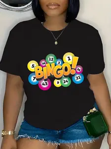 Plus Size Bingo Graphic Print T-Shirt - Knit Polyester Blend 95%, Elastane 5%, Crew Neck, Short Sleeve, Geometric Pattern, Casual Pullover Tee with Slight Stretch - For Women - Suitable for Spring/Summer - Perfect for Casual Outings & Parties