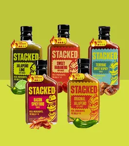 STACKED Variety Pack | Hot Sauce 5 Pack | Jalapeno Lime, Sweet Habanero, Teriyaki Sweet N' Spicy, Bacon Spicy BBQ, Original Jalapeno