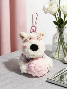Cute Plush West Highland Terrier Ice Cream Keychain, Kawaii Puppy Bag Charm with Pearl Necklace, Soft & Fluffy Design, Perfect Gift for Dog Lovers