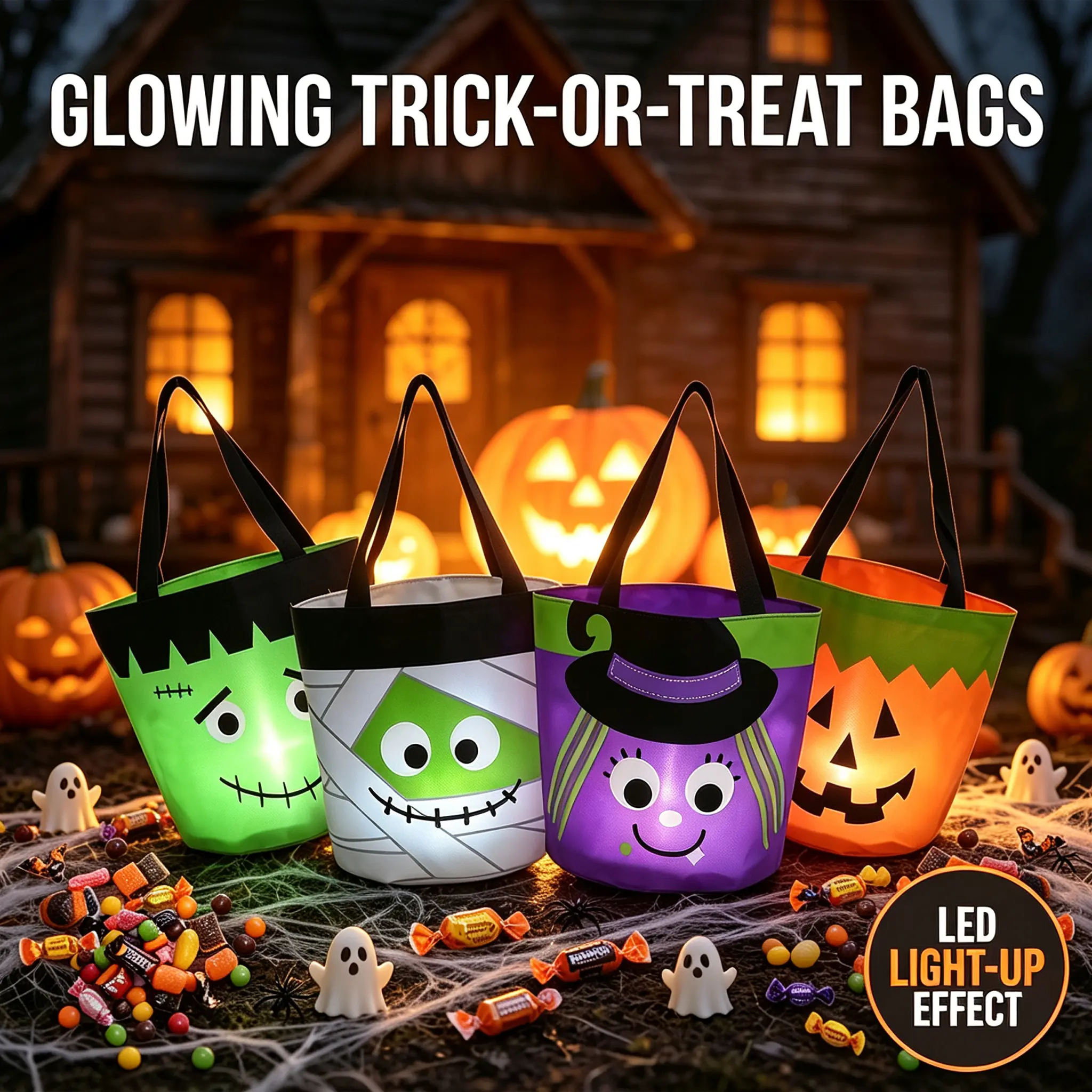 LED Glowing Halloween Trick or Treat Bags | Light Up Kids Candy Tote Bucket, Reusable Halloween Goodie Bags for Trick-or-Treating