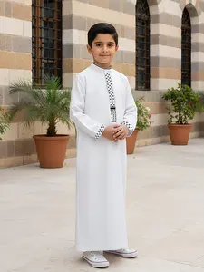 Muslim Boy Thobe with Embroidered Stand Collar Long Sleeves, Side Pockets, Suitable for 8-12 Years, Comfortable Fashion
