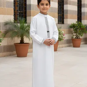 Middle Eastern Muslim Traditional Boys' thobe with White Embroidery and Stand-Up Collar, Long Sleeves with Side Pockets | Durable Clothing for Ramadan Celebrations (Eid al-Fitr/Eid al-Adha), Children's Islamic Clothing, an Excellent Gift