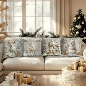 Christmas Santa Series Polyester Pillow Set, 3D Effect Sofa Cushion Bed Headrest, Four Pieces, No Inner Core Included