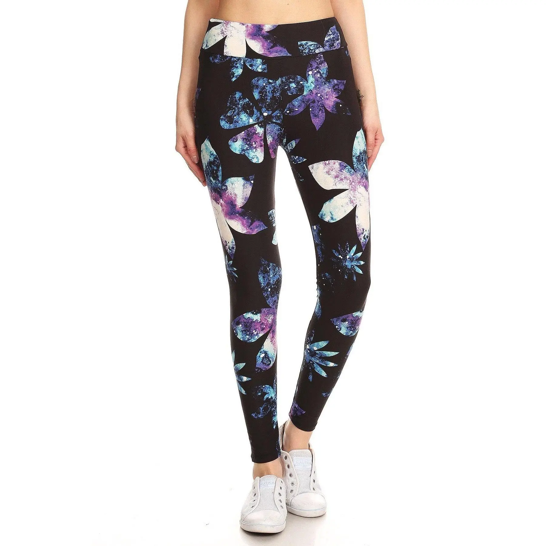 Yoga Style Banded Lined Galaxy Silhouette Floral Print, Full Length Leggings In A Slim Fitting Style With A Banded High Waist