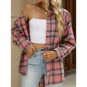Plus Size, Plus Size Women's Classic Loose Fit Long Sleeve Lightweight Button-Up Plaid Flannel Shirt for Work and Casual Wear