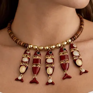 Maite Jewelry RITUAL DORADO Fish Necklace GN104 Gold-Plated with Large Fishes & Gemstone 18” + Extension Versatile Women's Fashion Jewelry