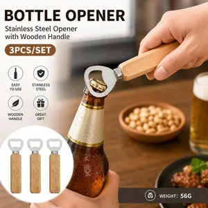 3PCS Bottle Opener Set, Stainless Steel & Wood Handle, Durable Bar Kitchen Tool for Beer Soda Wine