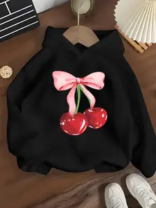 Girls' Hooded Sweatshirt with Bow Cherry Print, Sweet and Cute Style, Fashion, Skin-Friendly Fabric, Trendy, Cute Cozy Sweatshirt