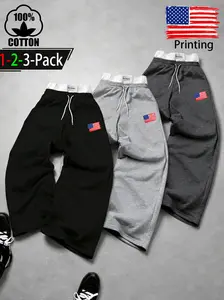 100% Cotton Faux Two Piece Double Waistband Sweatpants, Low Rise Baggy Wide Leg Athletic Pants with USA Flag Print, Y2K Streetwear Loose Straight Lounge Track Pants for Men Women, Casual Gym Running Pants, 1 2 3 Pack, Hip Hop Bottoms Daily Wear Street Fit