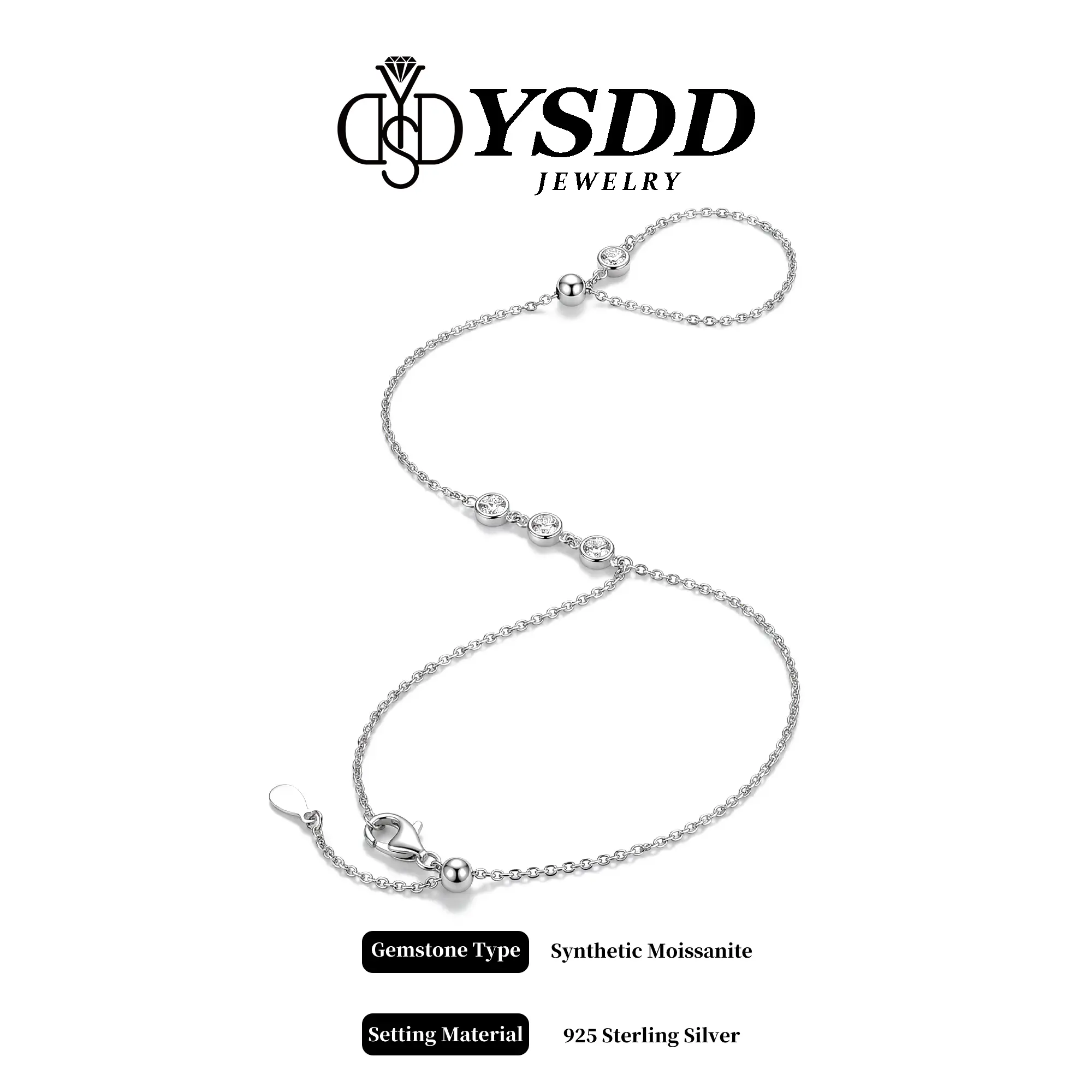 【#599 Hand Chain】One size fits all Slider Bezel Set Hand Chain vvs Synthetic Moissanite Rings in 925 Sterling Silver