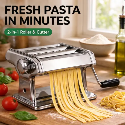 Stainless Steel Mini Manual Pasta Maker Machine - Adjustable Thickness Roller, Dual-Width Cutter for Spaghetti, Lasagna - Kitchen Hand Tool for Pasta Enthusiasts