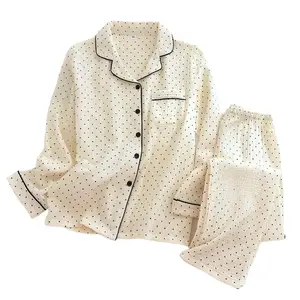 FLEHUI new-100% Cotton Gauze Summer Women Pajamas Polka Dot Print Sleepwear 2025Spring Female 2 Piece Set Nightwear Lady Pyjamas Loungewear
