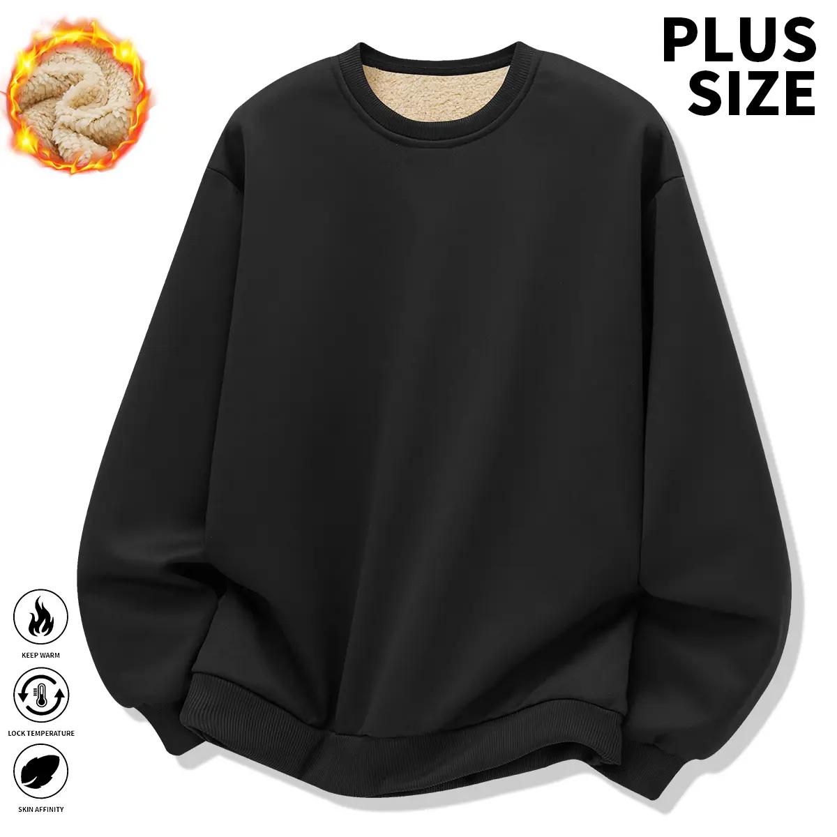 Men's Plus Size Fitted Plain Round Neck Long Sleeve Black Fleece Pullover Hoodie - Autumn Winter Casual Gym Athletic Fitness Clothes, Machine Washable Comfortable Plus Size Clothes, Mens Hoodies & Sweatshirts Tops, Black Fleece Hoodie, Menswear