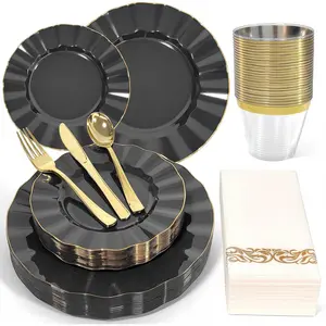 175-piece plastic tableware set party supplies, disposable tableware set, suitable for 25 guests, includes 50 plastic plates, 25 cutlery sets, 25 cups, and 25 napkins, suitable for parties and weddings (black and gold)