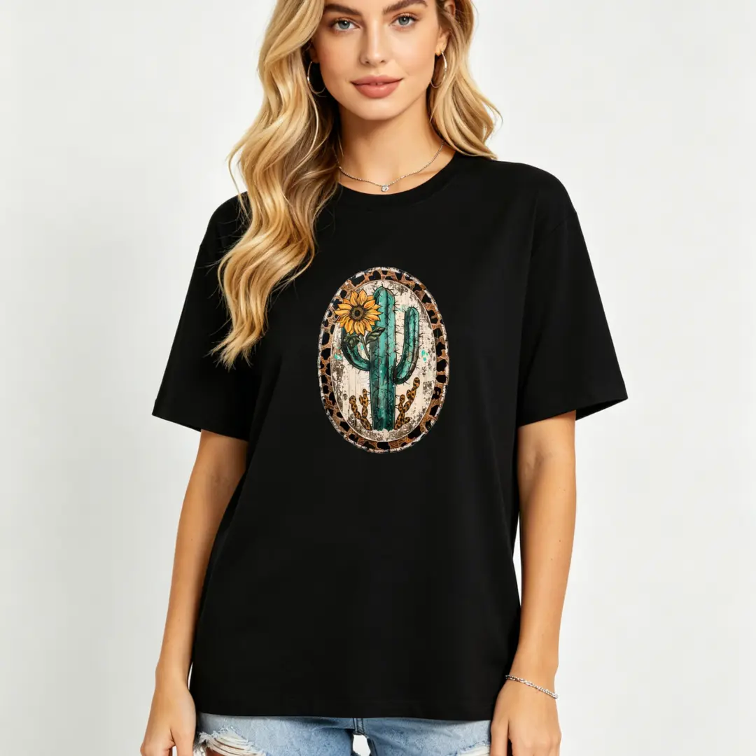 Women's Vintage Western Fitted Crew Neck Short-Sleeve Cotton Graphic Casual OOTD T-Shirt - Turquoise, Teal, Cactus, Sunflower, Leopard Prints, Machine Washable Top, Comfy Casual, Fitted Cut, Sleek Look, Soft Cotton, Comfy All Day, Shortsleeve, Round Neck,