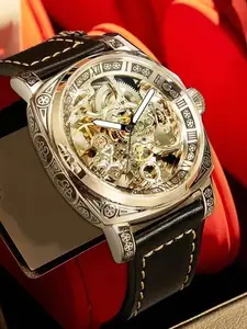 Automatic Skeleton Men's Watch Gold Dial with Black Leather Strap Matte Case Luxury Mechanical Timepiece