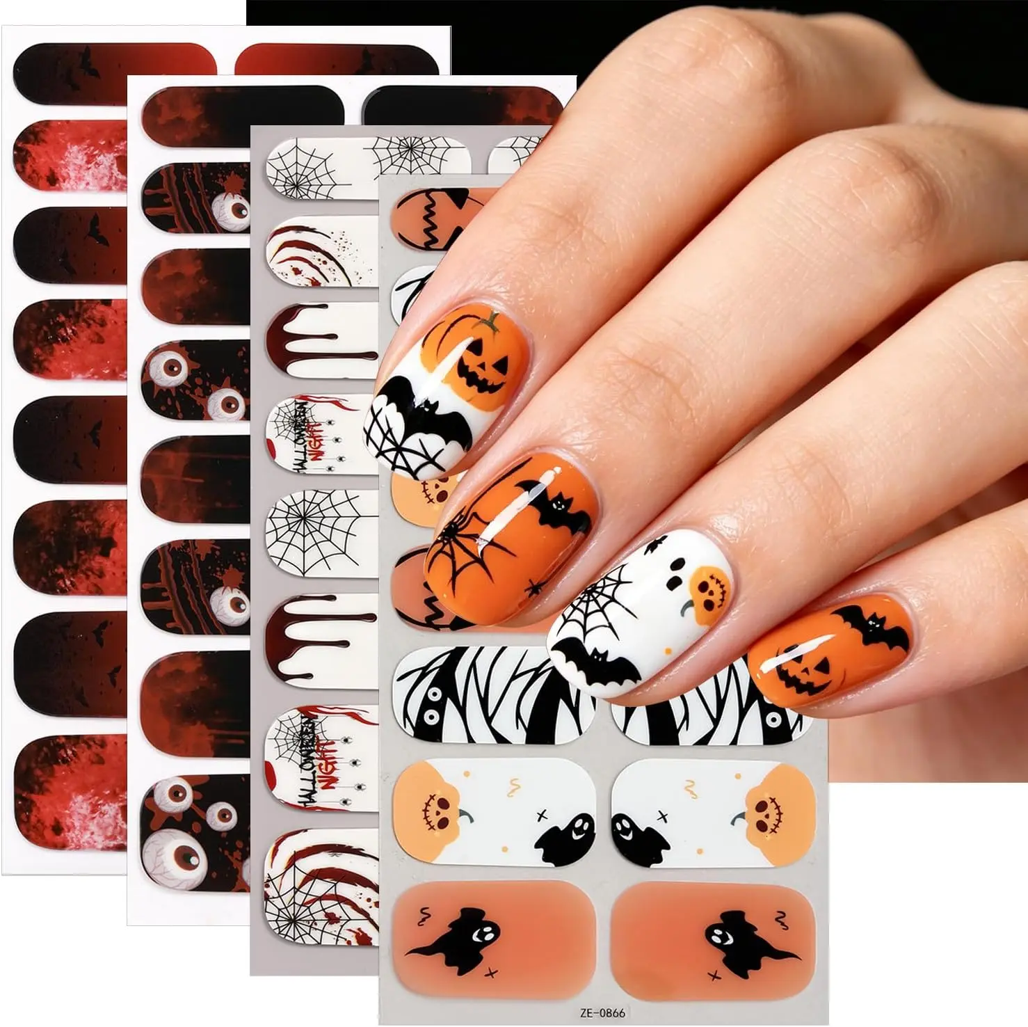 4 Sheets Halloween Gel Nail Strips Horror Spider Web Gel Nail Strips Polish Wraps Supplies Self Adhesive Goth Gel Nails Sticker Full Nail Wraps Blood Drop with Ghost Glow in The Dark Designs for Women