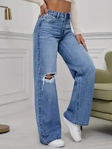 Women's Mid Waisted Pull On Stretchy Flare Ripped Wide Leg Jeans Women Elastic Waist Bell Bottom Boyfriends Straight Baggy Y2K Denim Pants Womens Loose Tummy Control Trendy Bootcut Jeans