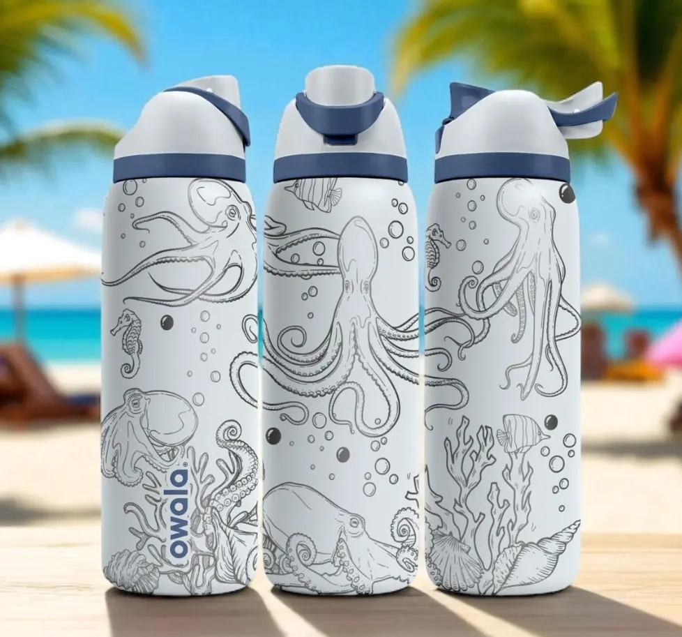 Octopus Engraved Owala FreeSip Water Bottle 24oz 32oz Stainless Steel Insulated Ocean Theme Travel Bottle
