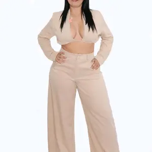 Beige Barrel Elegance Top & Pantalón Set for Women High-Quality Fabric Stylish Design