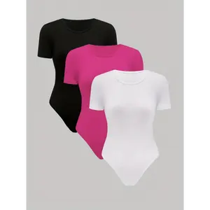 3pcs Women'S Slim Fit Bodysuits - Solid Color Round Neck Short Sleeve Stretchy Workout & Casual Wear, Machine Washable Breathable Fabric for Gym, Yoga, Casual Attire (Black, Pink, White), Gym Apparel, Minimalist Style, Comfortable Fit Womenswear Spandex