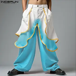 INCERUN Men's Fashion Trend Colorblock Golden Gradient Wide-Leg Layered Summer Trousers, Menswear for Outdoor Music Festivals, Casual Parties,summervibes