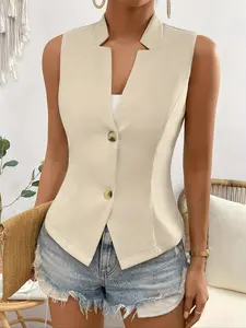 Women's Solid Color Button Front Vest Wrap Lapel Trendy Blazer without Bottom, Casual Fashion Comfy Suit Vest for Daily Outdoor Wear, Ladies Clothes for All Seasons