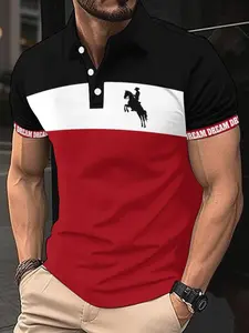 Men's Regular Fit Colorblock & Letter Print Polo Shirt, Casual Short Sleeve Top for Summer, Fashion Men's Clothes for Daily Wear