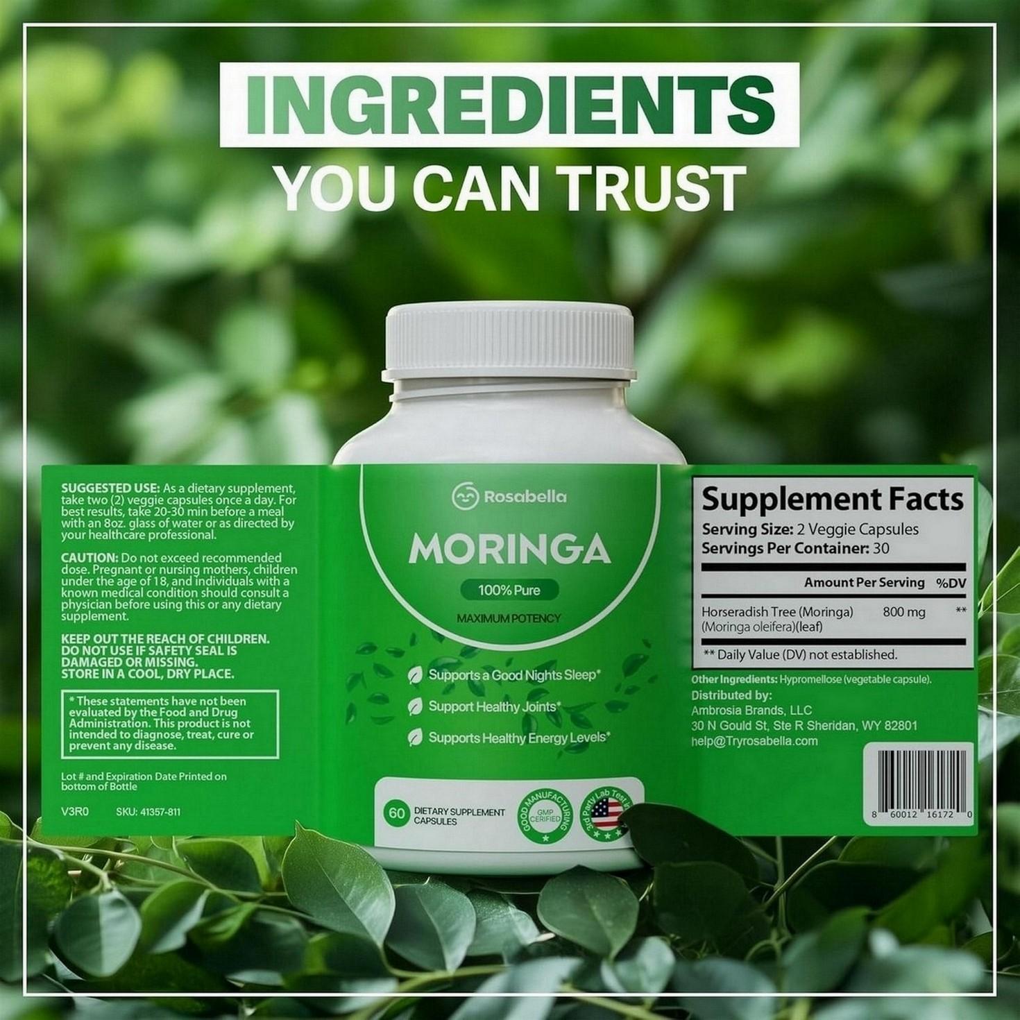 Rosabella Moringa Powder Capsules 800mg - Immune Support, Gut Health & Focus Enhancement - Reduce Inflammation, Boost Memory & Daily Wellness