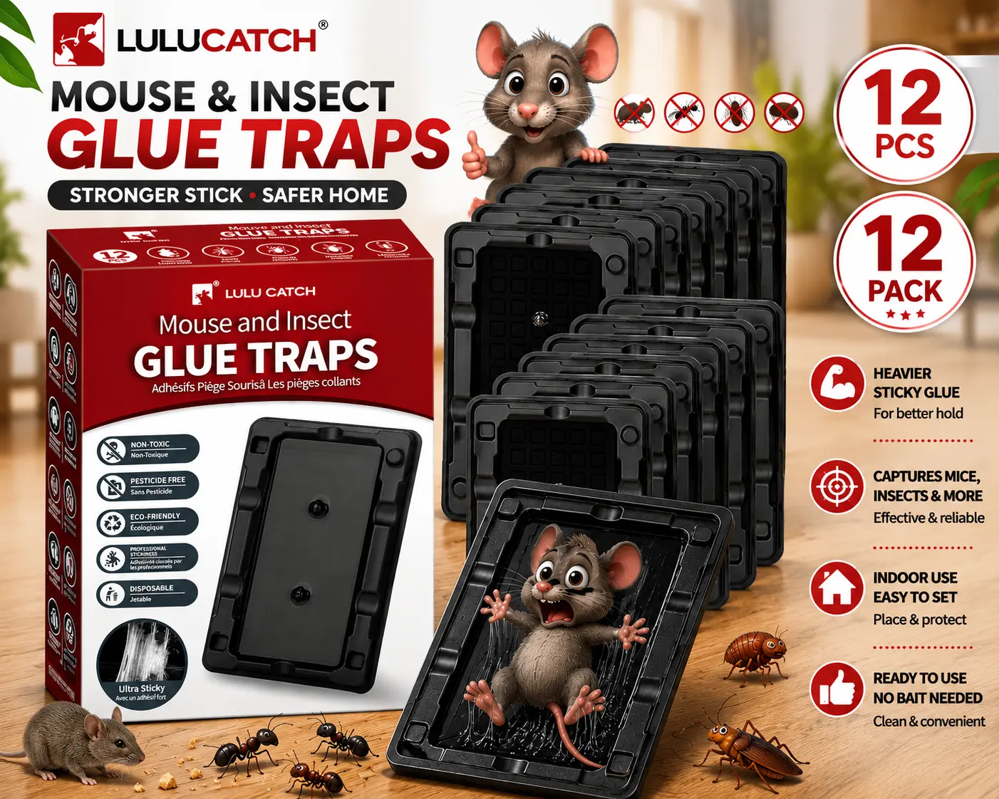 LULUCATCH Mouse & Insect Traps 12 Pack, Heavier Sticky Traps with Non-Toxic Glue for Small Mice & Insects. Sticky Mouse Traps Indoor for Home, Easy to Set