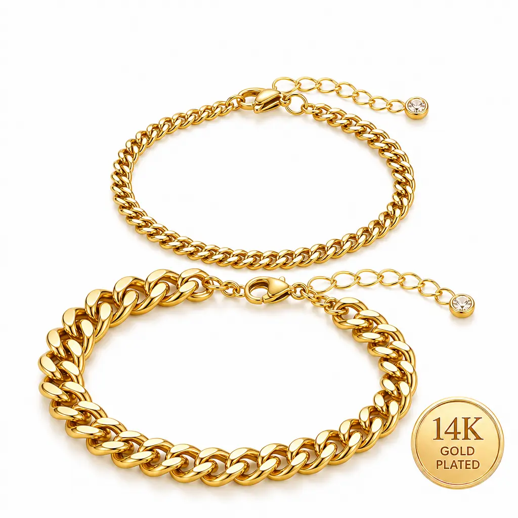 2-Piece Layered Cuban Link Bracelet Set, 14K Gold-Plated Stainless Steel, Adjustable Stackable Chain Jewelry for Women