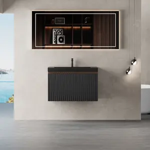 24'' Floating Bathroom Vanity with Sink Combo, Modern Wall-Mounted Striped Bathroom Storage Cabinet with Soft-Close Drawers and Black Quartz Sand Basin, Smoked Walnut 24V16-24WAB