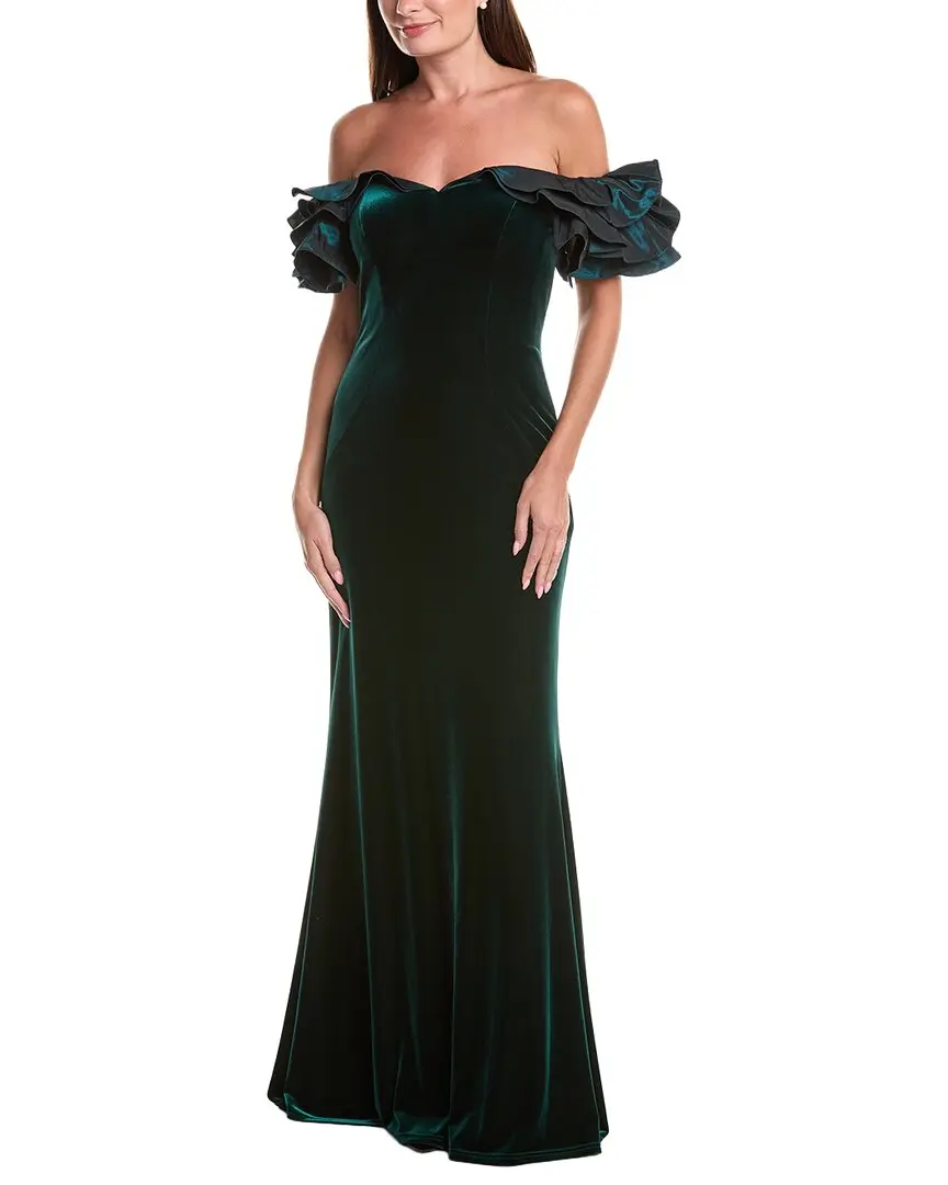 Teri Jon by Rickie Freeman Stretch Velvet Scrunch Taffeta Off-Shoulder Maxi  Dress