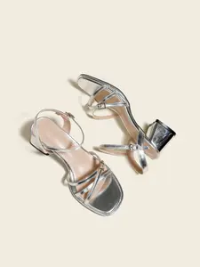 Women's Silver Color High Heel Sandals, Cat Heel Cross Strap Buckle, Comfortable Simple Fashion, 6cm Wine Glass Heel, Casual Shoes