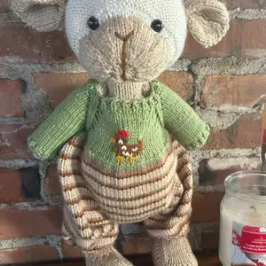 Handmade Knitted Lamb with Green Sweater and Chicken Embroidery Adorable Plush