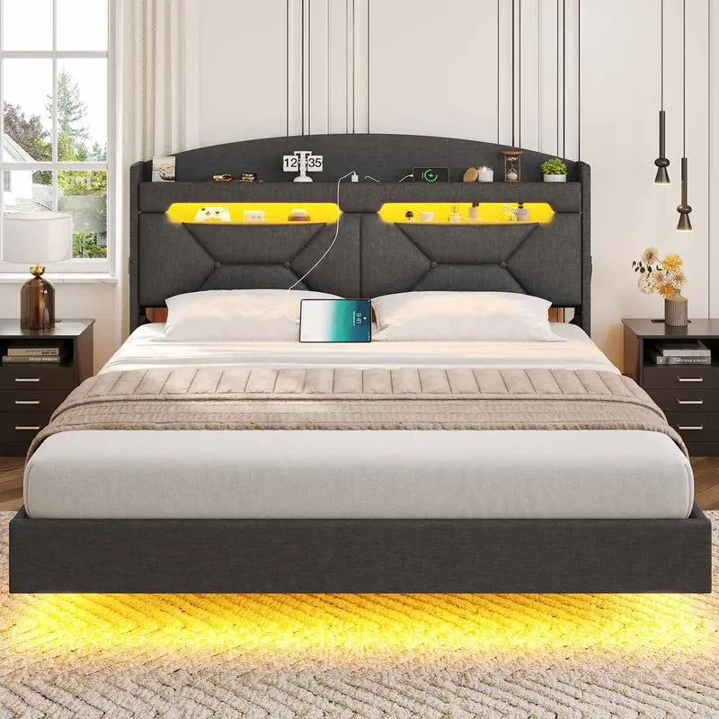 SIKAIC Modern Full Size LED Floating Bed Frame, Featuring Hidden Storage and Built-In Charging Station, Dark Grey, Modern Floating Bed, Full Size Bed Frames