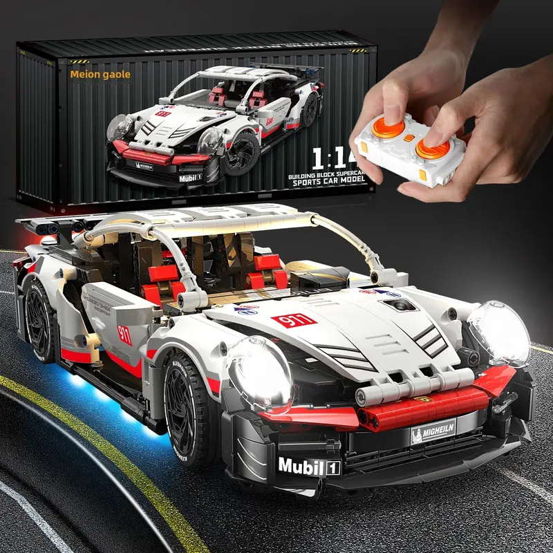 1:14 RC 911 Building Block Race Car Kit, 1000+ Pieces, Dual Motors, 18 LED Effects & 3 Light Modes, 2.4GHz Remote Control, Acrylic Display Case, Ages 8+, Holiday Gift