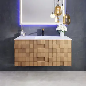 Mosaic 49 in. Natural Oak Wall Mount Single Sink Bath Vanity with Solid Surface Top and Integrated Sink