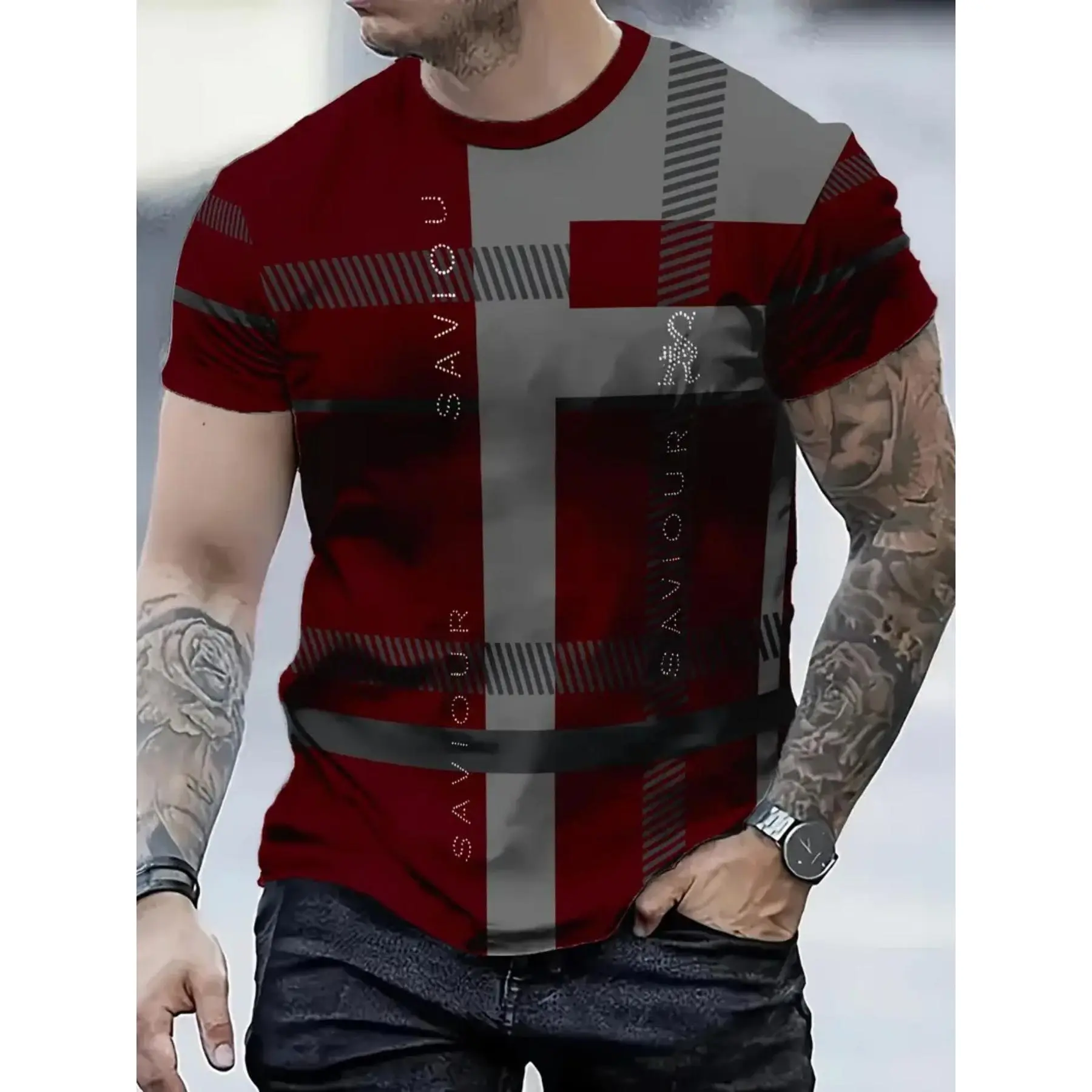 [Casual T-shirt] soft breathable Men's summer casual crew neck t-shirt creative fashion stripe pattern, casual crew neck short sleeve, suitable for daily