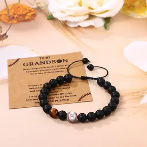 OIDEA Adjustable Male Sliding Cord Beaded Bracelet - Natural Stone-Alloy Braided Design with Baseball, Basketball, Football Charms, Inspirational Graduation Gifts for Teen Boys